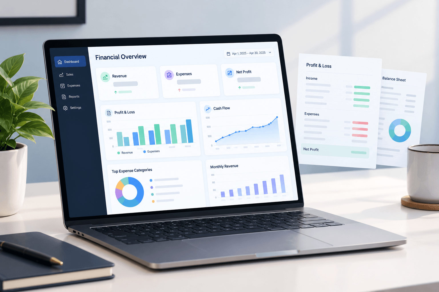 Financial dashboard showing business revenue, expenses, and cash flow